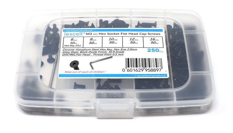 iexcell 250 Pcs M3 x 6/8/10/12/16 Alloy Steel 10.9 Grade Hex Socket Flat Head Cap Screws Bolts Assortment Kit, Black Oxide Finish